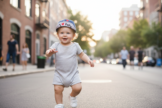 Two baby sun hats with embroidered text 'I love mama' and 'I love papa', presented on a grid background.