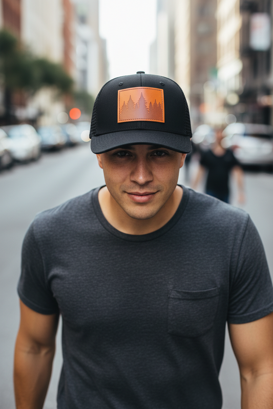 Black trucker cap with an orange leather patch featuring a forest design on a white background.