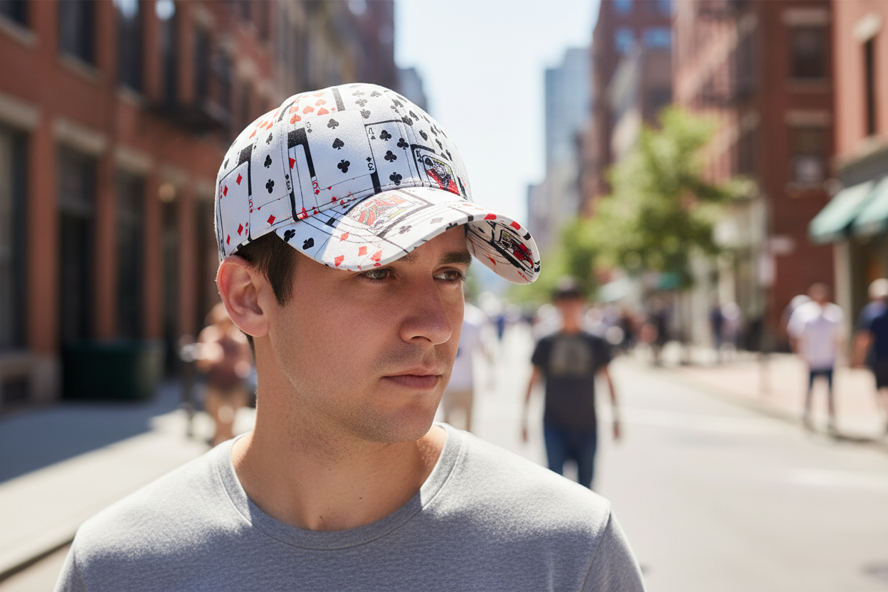 A white baseball cap with a geometric pattern featuring playing card suits and a prominent logo on the front.