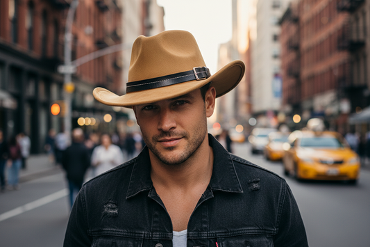 A brown suede cowboy hat with a flat brim and a black belt decoration around the crown.