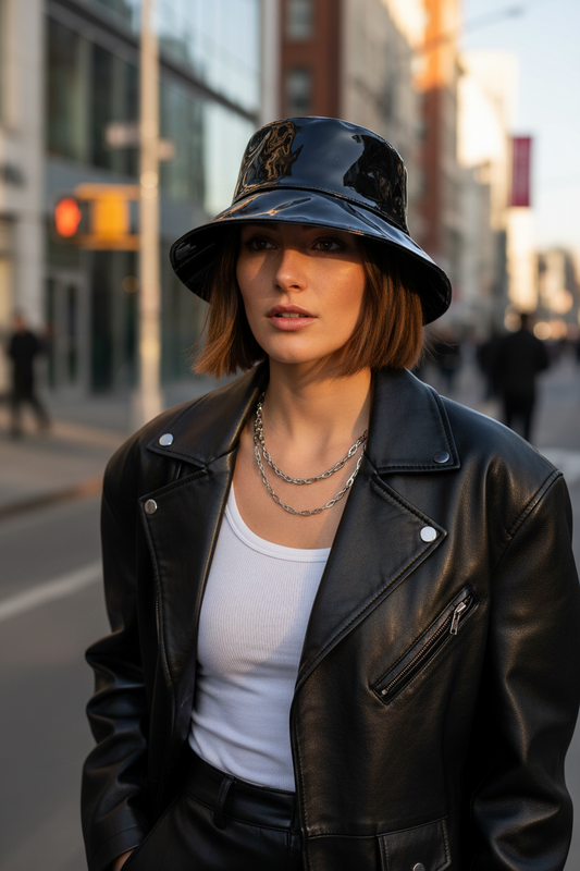 Black patent leather bucket hat with a white logo on a white background