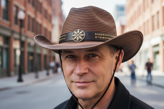 Brown cowboy hat with decorative band and brim on a white background