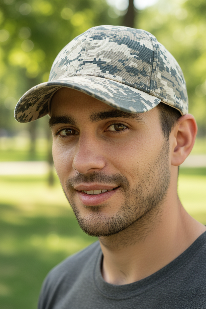 Camouflage digital yellow cap on a white background