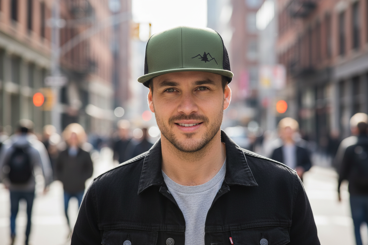 A green and black trucker cap with a mountain range embroidery on the front
