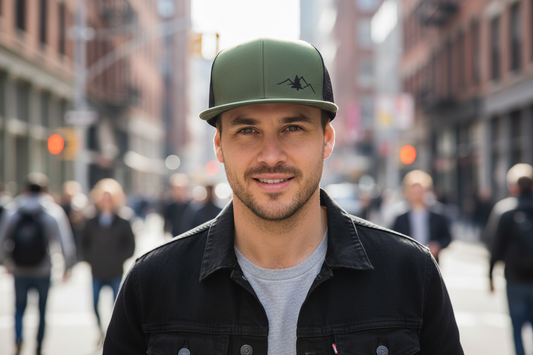 A green and black trucker cap with a mountain range embroidery on the front
