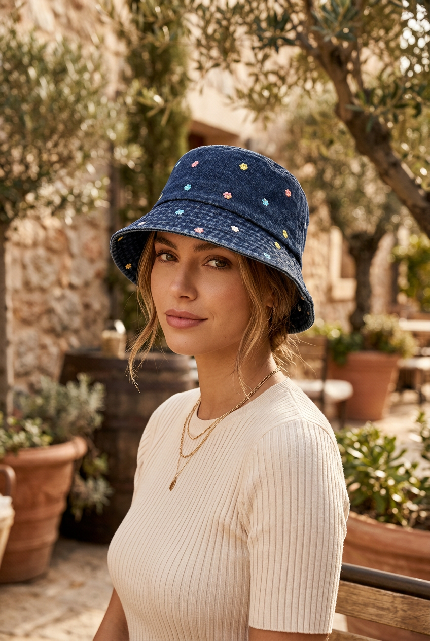 Valentine Denim Bucket Hat with Embroidered Flowers