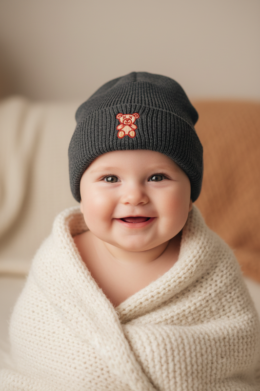 Bear Embroidered Knitted Wool Beanie Hat