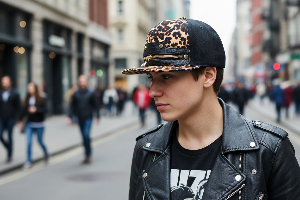 Leopard print cap with black visor and gold zipper on a white background