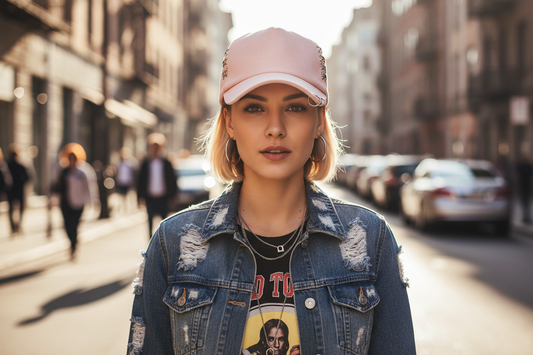 A pink baseball cap with a unique design featuring metal rings and X-shaped detail on the front.