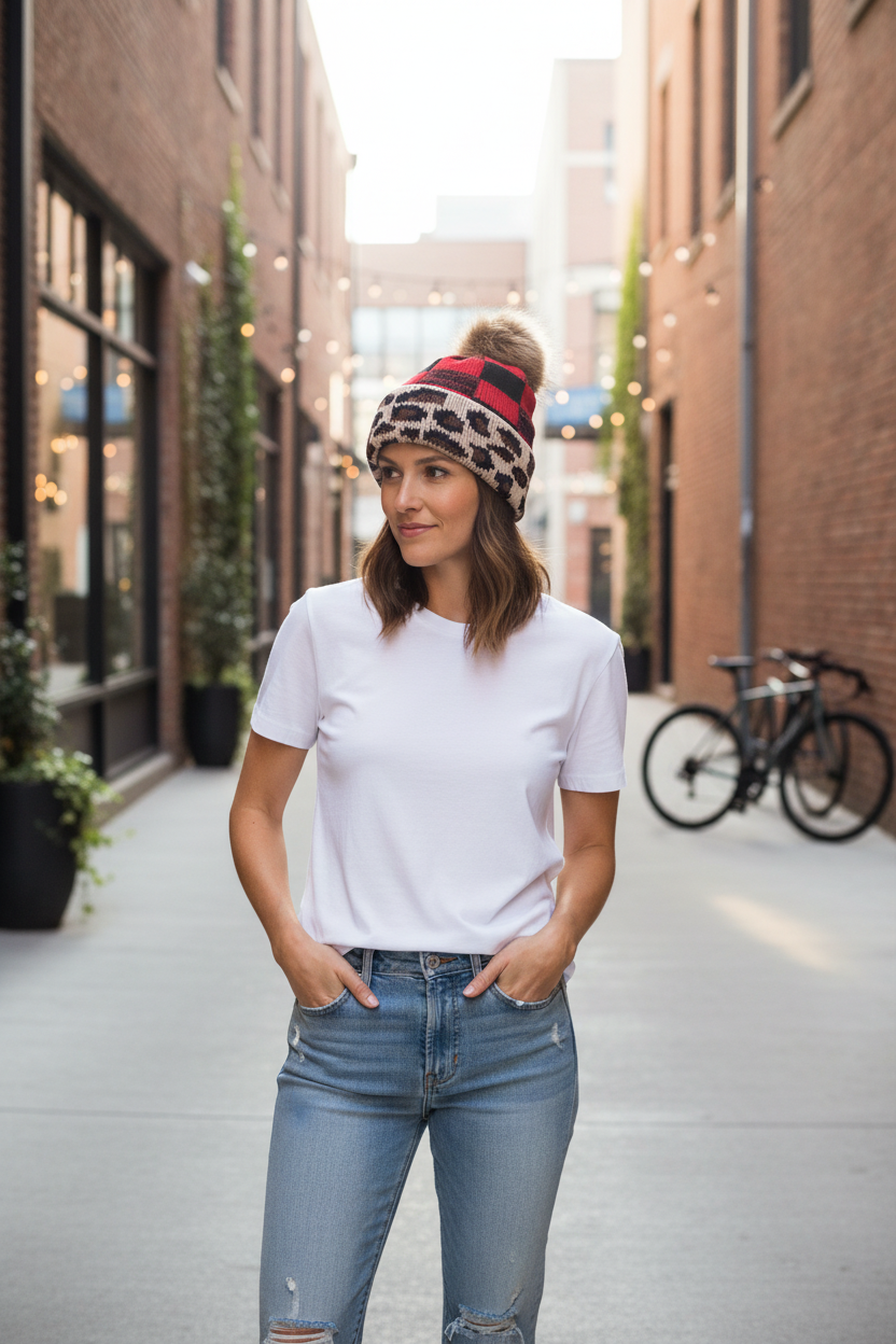 Leopard Plaid Acrylic Stocking Cap | Warm Windproof Beanie