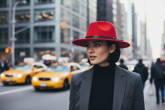 Red fedora hat with a black band on a white background