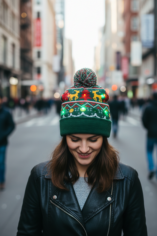 Christmas-themed beanie with lights on a white background