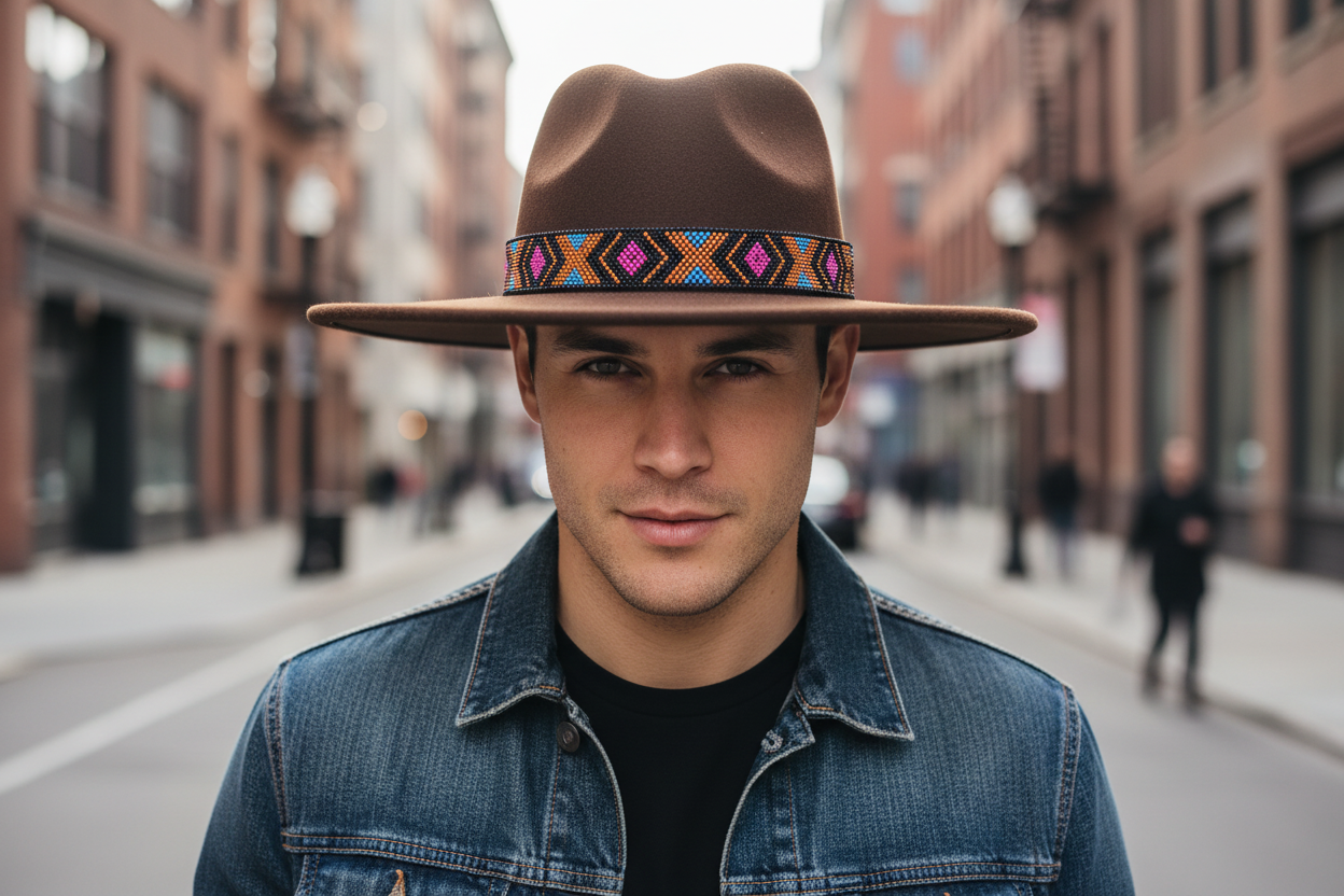 A bohemian broad-brimmed hat with a flat edge, featuring a geometric patterned band in multicolor, primarily beige in color with a wide brim.