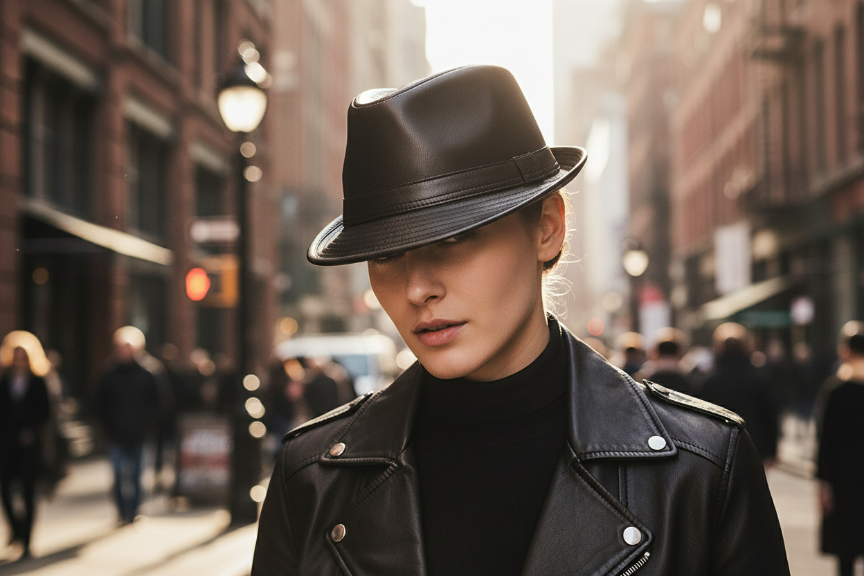 A man wearing a black leather jazz top hat with a simple design.