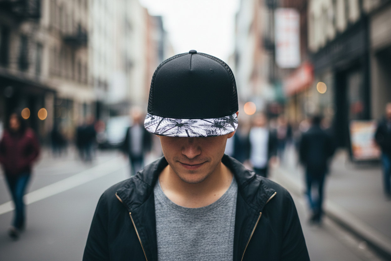 A black polyester baseball cap with a flat brim featuring a white and black floral pattern around the base.