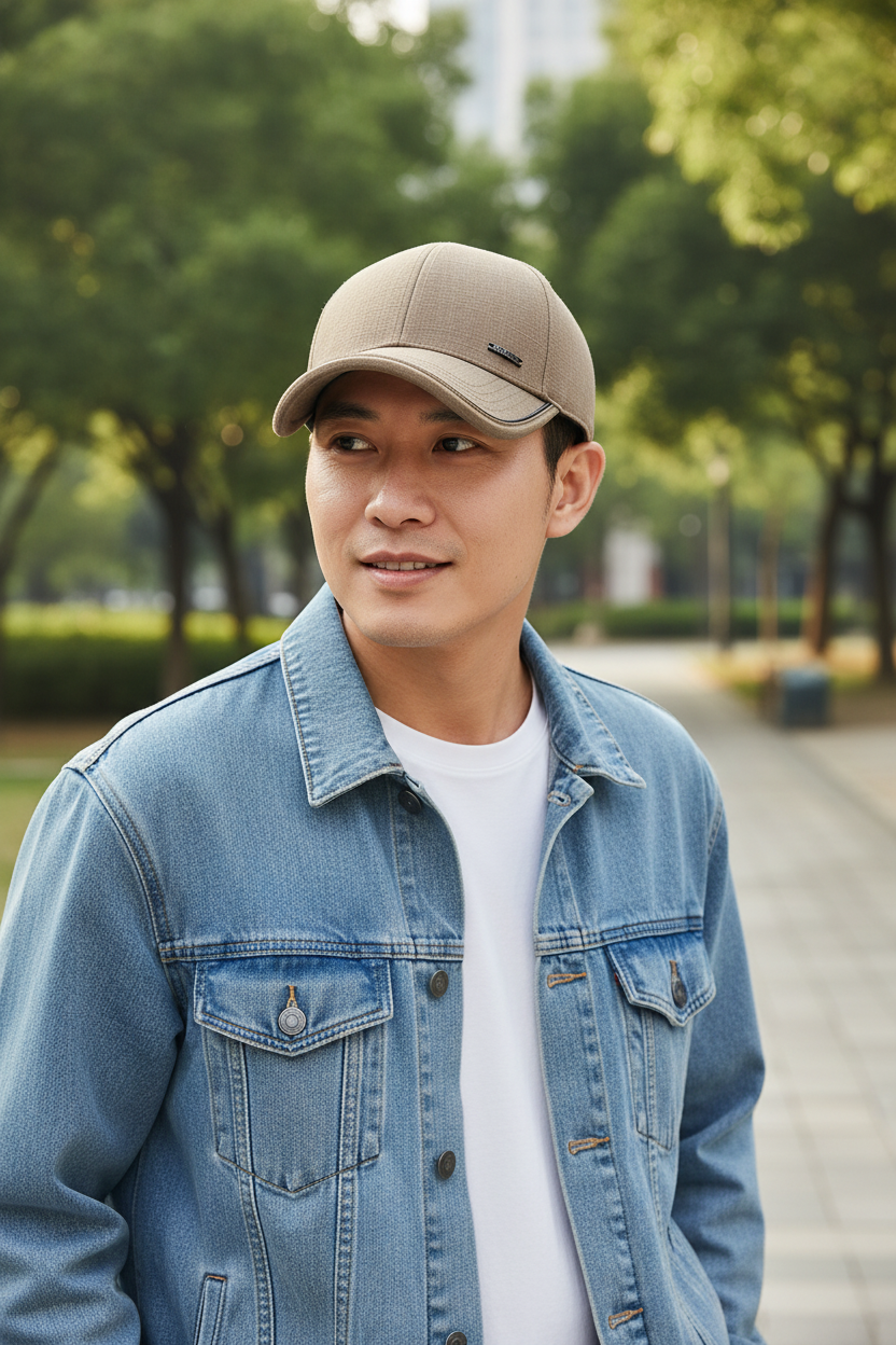A black baseball cap with a brim and an adjustable strap, suitable for middle-aged and elderly men.
