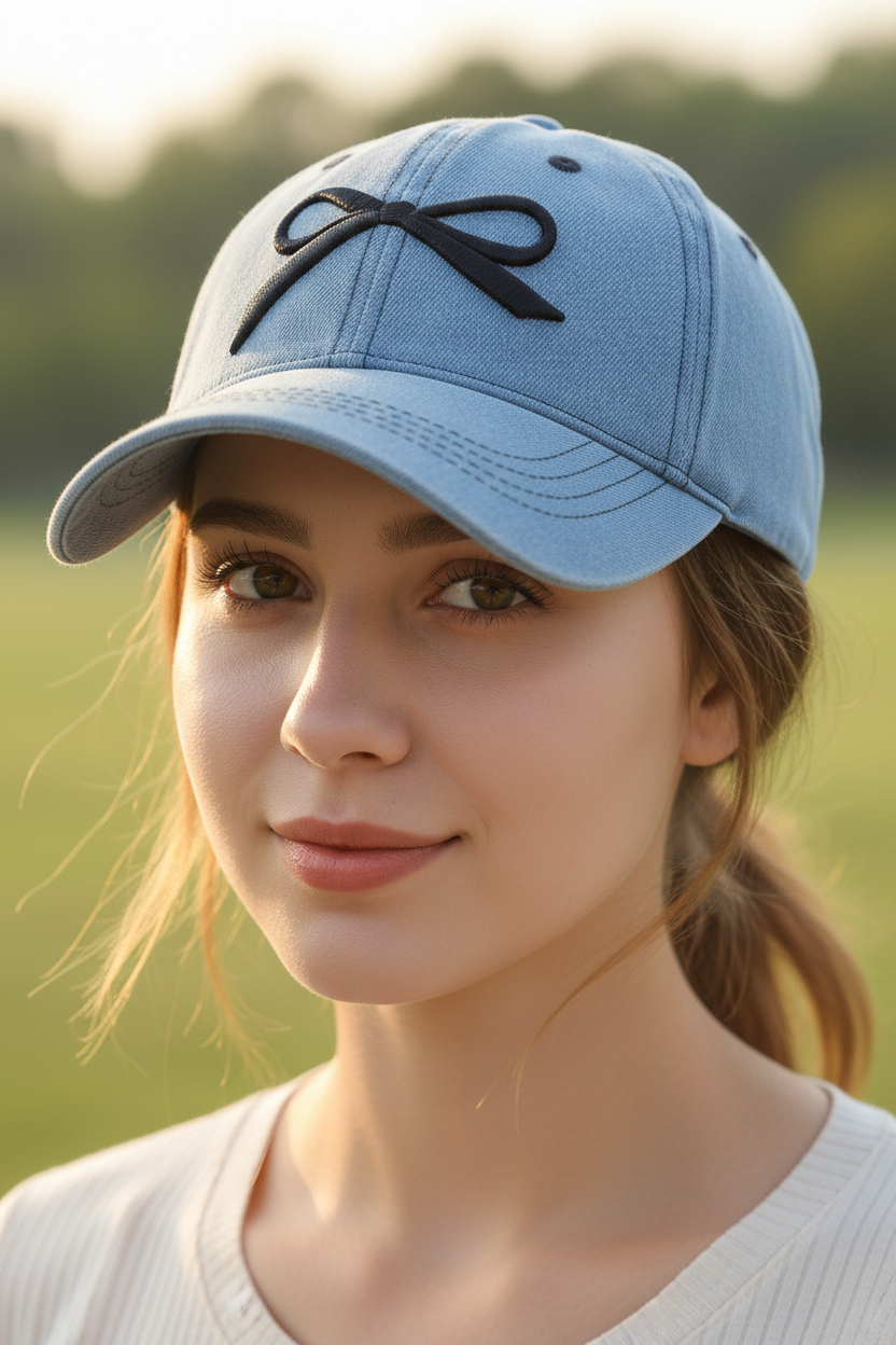 Light blue denim cap with a black bow design on a white background