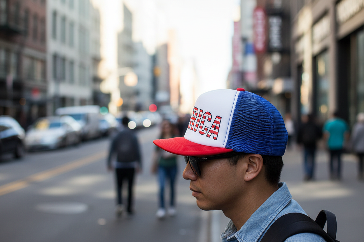 Cap with 'AMERICA' text in American flag colors on a white background