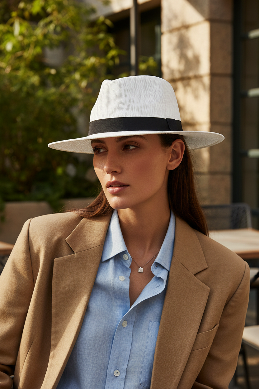 White fedora hat with a black band on a gray background