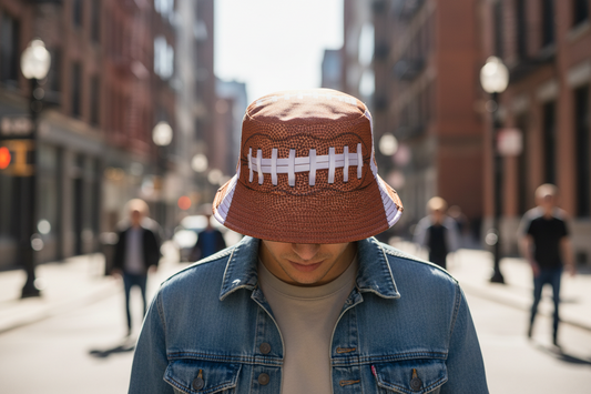 Football-shaped bucket hat on a white background
