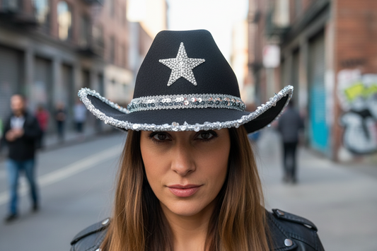 Black cowboy hat with a star and rhinestone trim on a white background