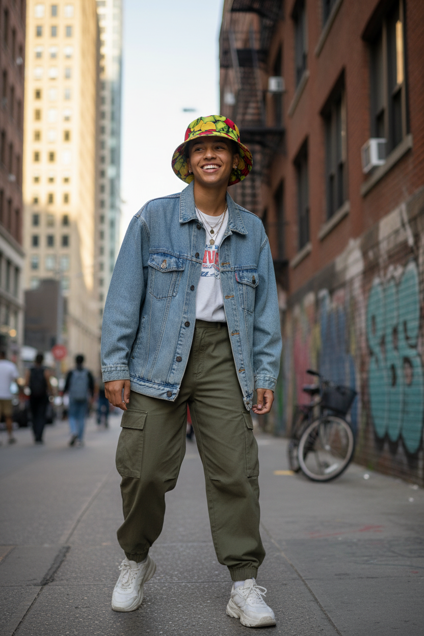 Evans Fruit Print Polyester Bucket Hat, Flat Top, Unisex