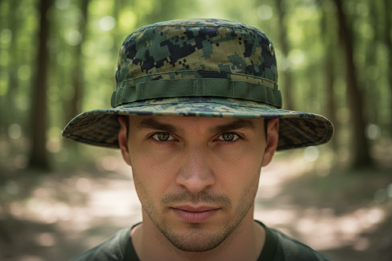 Camouflage-patterned bucket hat on a white background