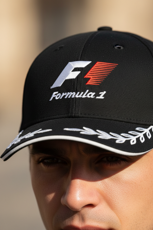Black Formula 1 cap with red and white logo on a white background