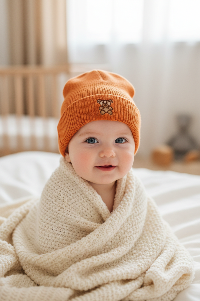 Bear Embroidered Knitted Wool Beanie Hat