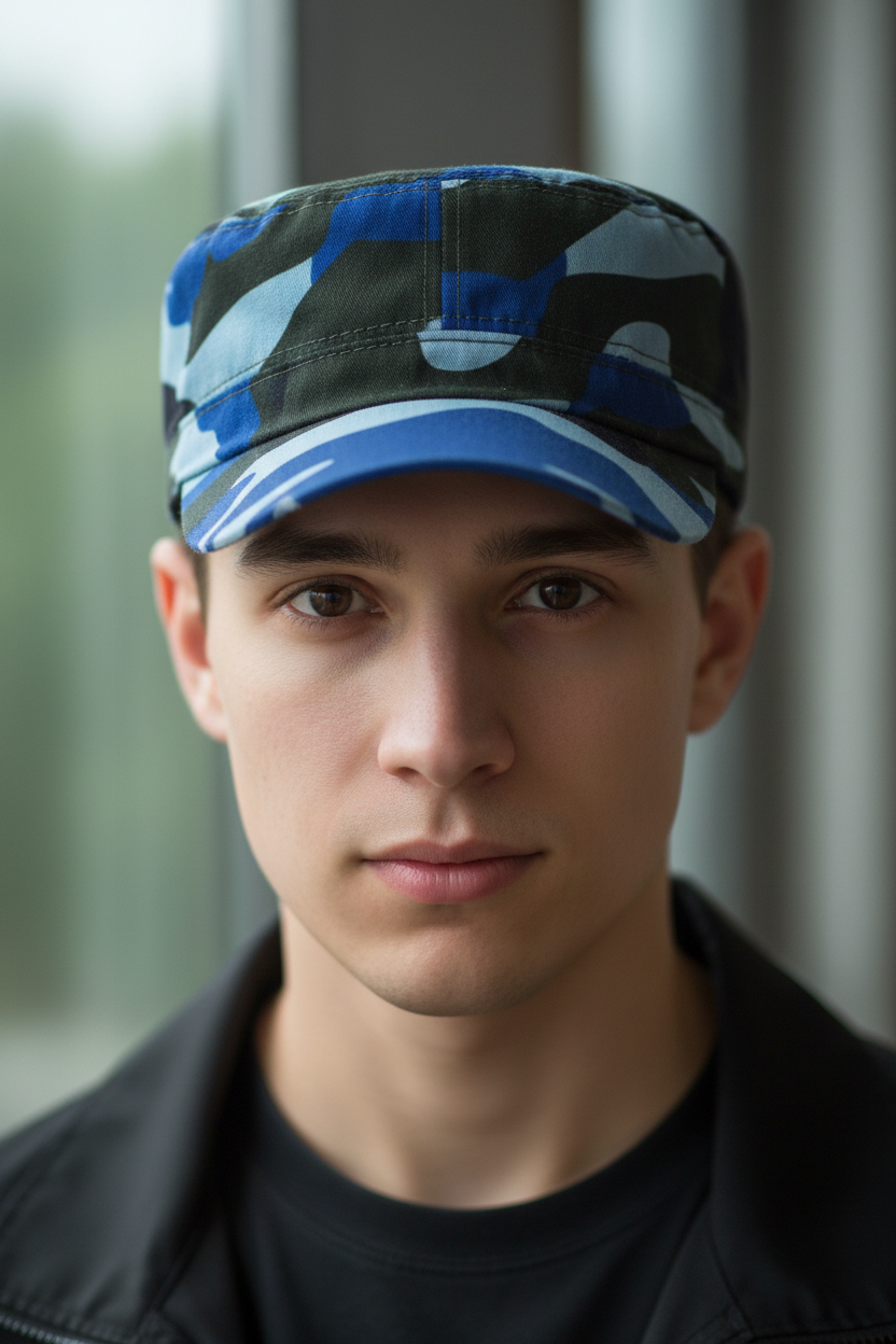 Blue and black camouflage cap on a white background