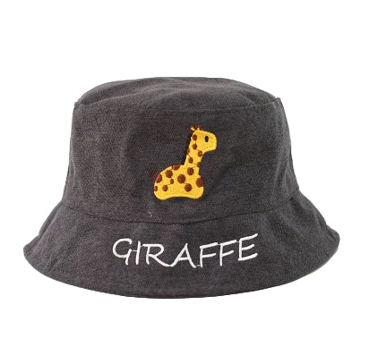 Gray bucket hat with a giraffe design and 'GIRAFFE' text on a white background