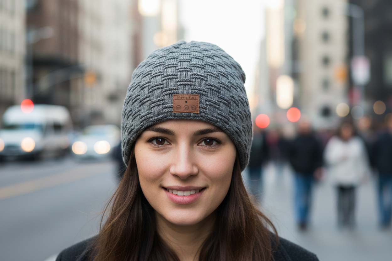 A gray knit hat with a Bluetooth headset integrated into the design.
