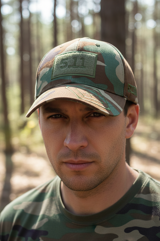 A green camouflage baseball cap with '511' embroidered on it.