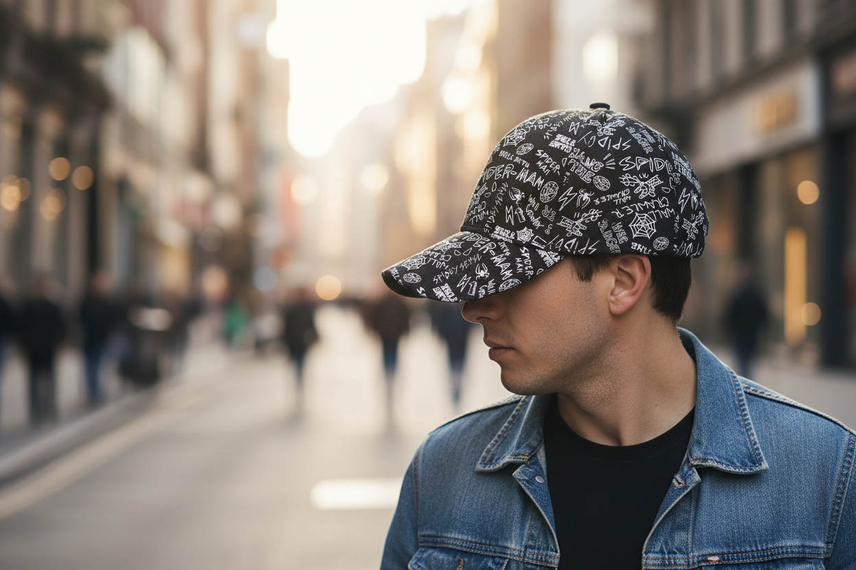 A black baseball cap with white embroidery featuring doodle-style drawings including a spider and the word 'SKULL'.