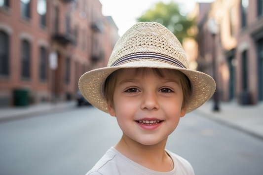 Two straw hats, one beige and one brown, with striped bands, displayed on a light background.