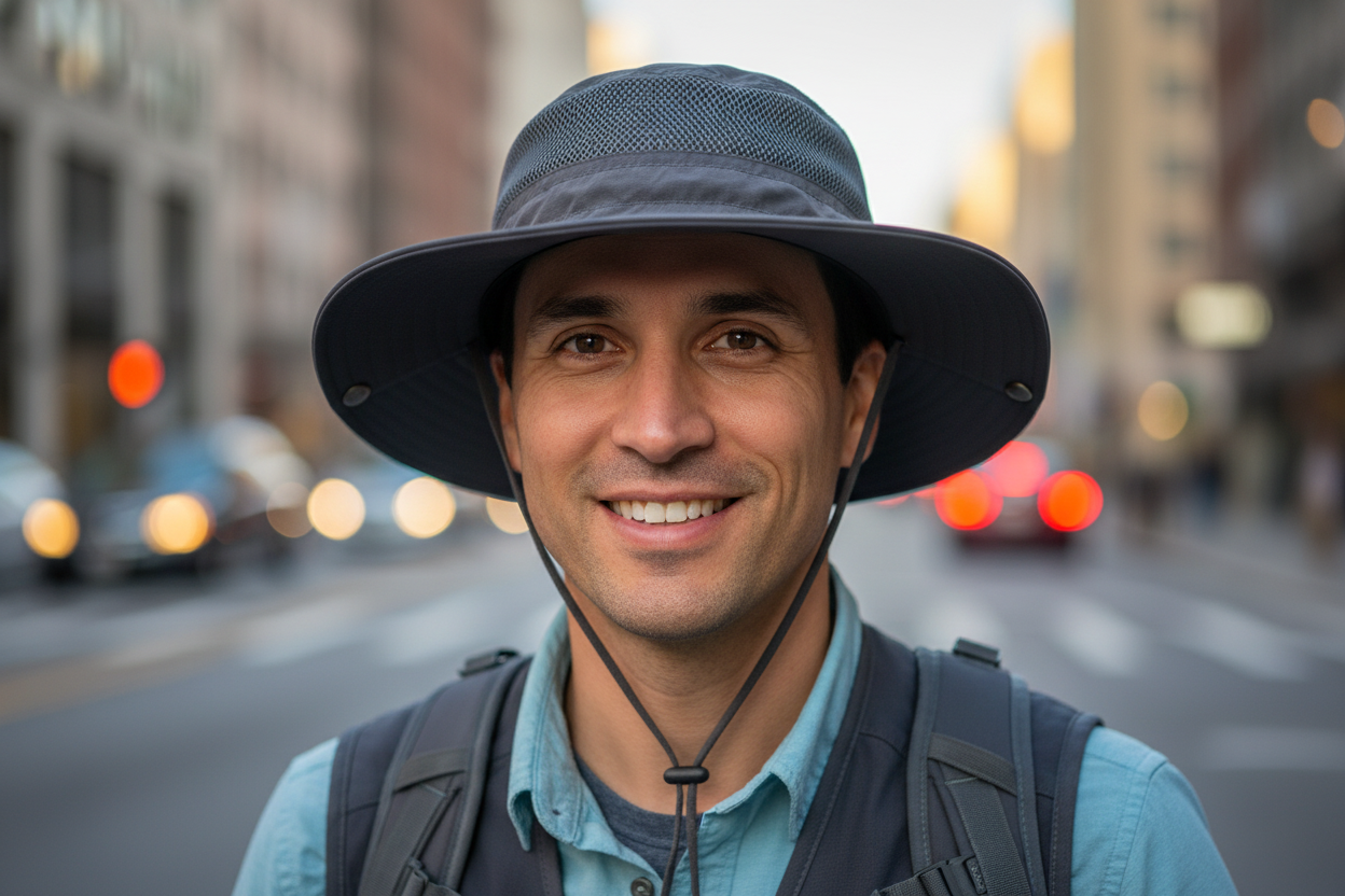 Gray wide-brimmed hat with mesh back on a white background
