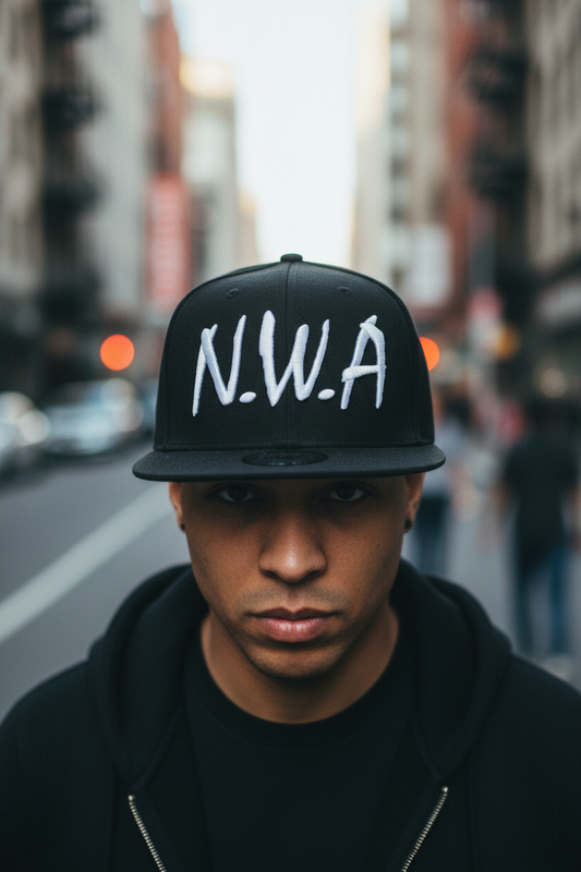 Black cap with 'N.W.A' in white on a white background