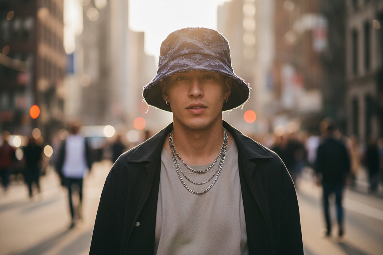 Navy blue bucket hat with star pattern on a white background