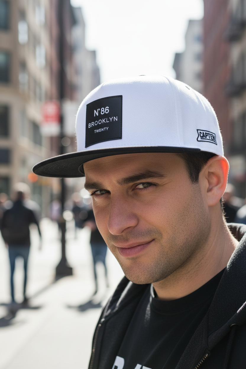 A black and white baseball cap with 'N86 BROOKLYN' printed on the front and the number '20' below. The cap has a flat brim and an adjustable strap.