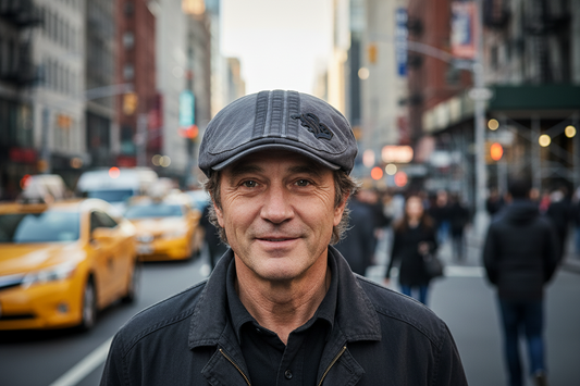 Gray flat cap with a logo on a white background