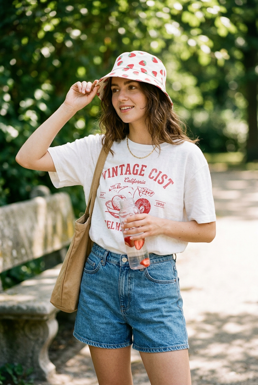 Evans Fruit Print Polyester Bucket Hat, Flat Top, Unisex