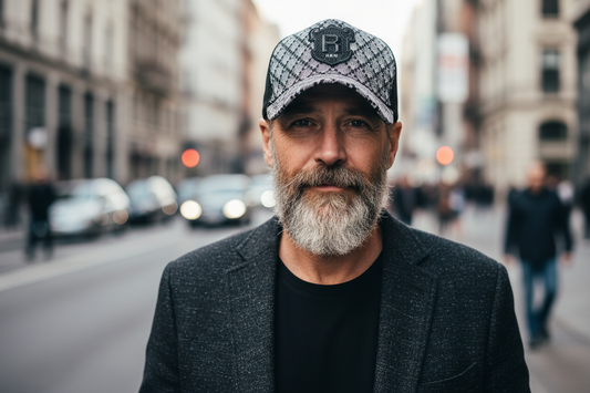 Black and white checkered cap with mesh back on a white background
