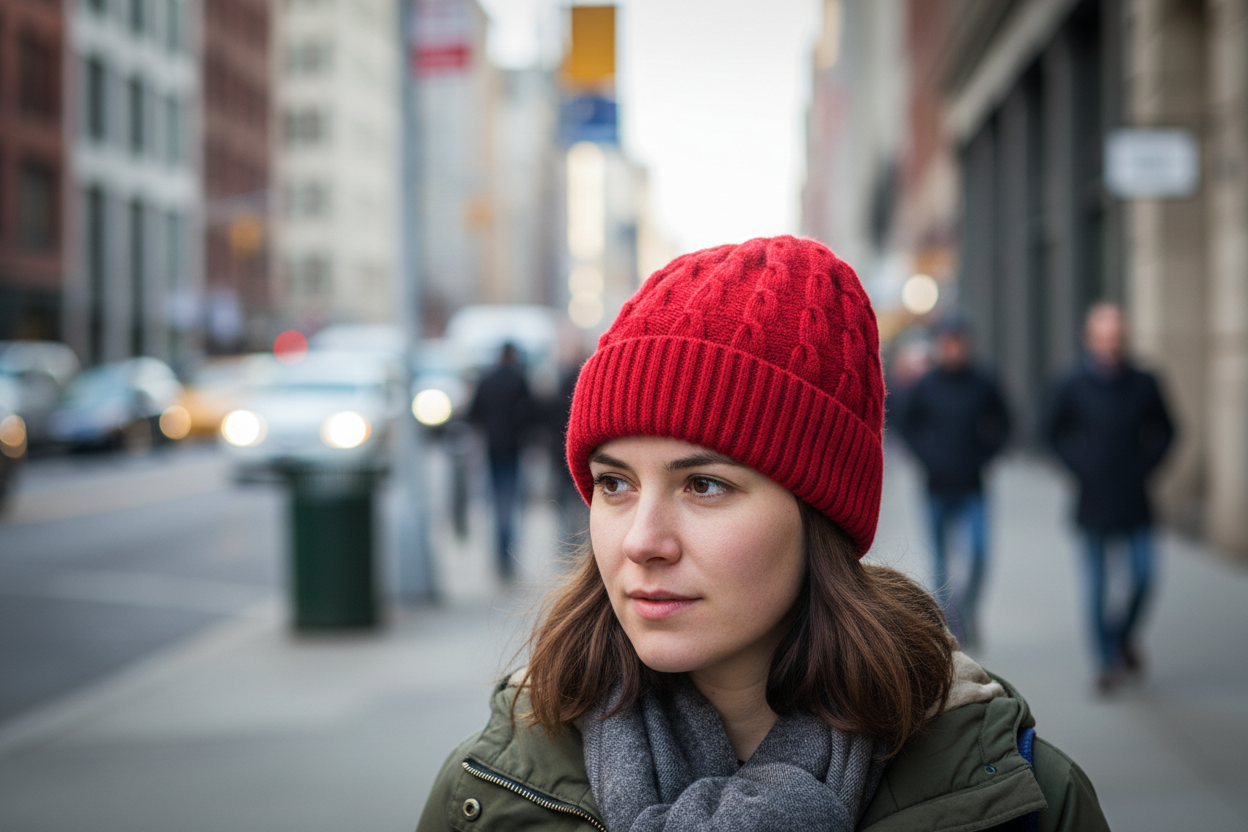 Red knitted beanie on a white background