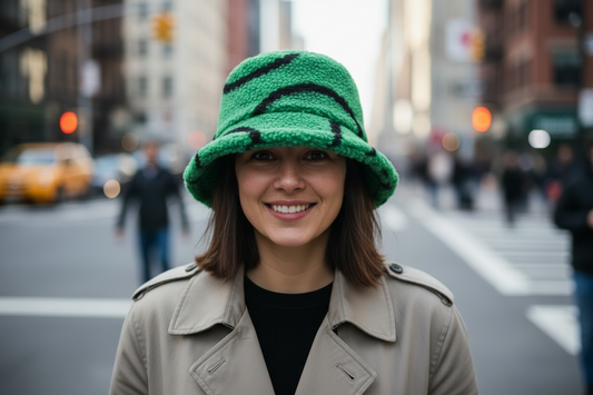 Green bucket hat with black patterns on a white background