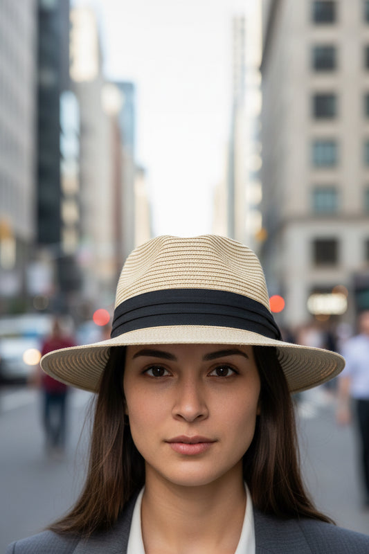 Beige straw hat with black band on a white background