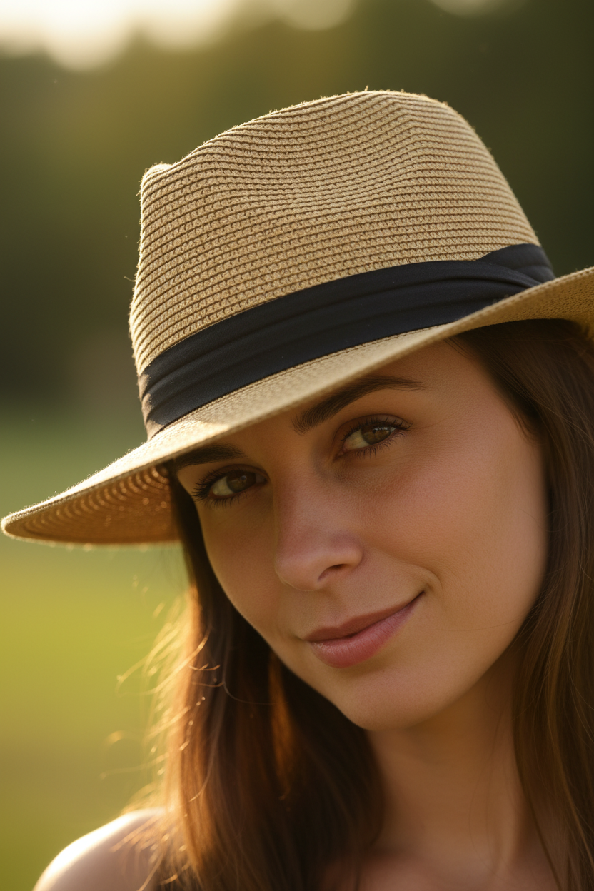 Beige straw hat with a black band on a gray surface