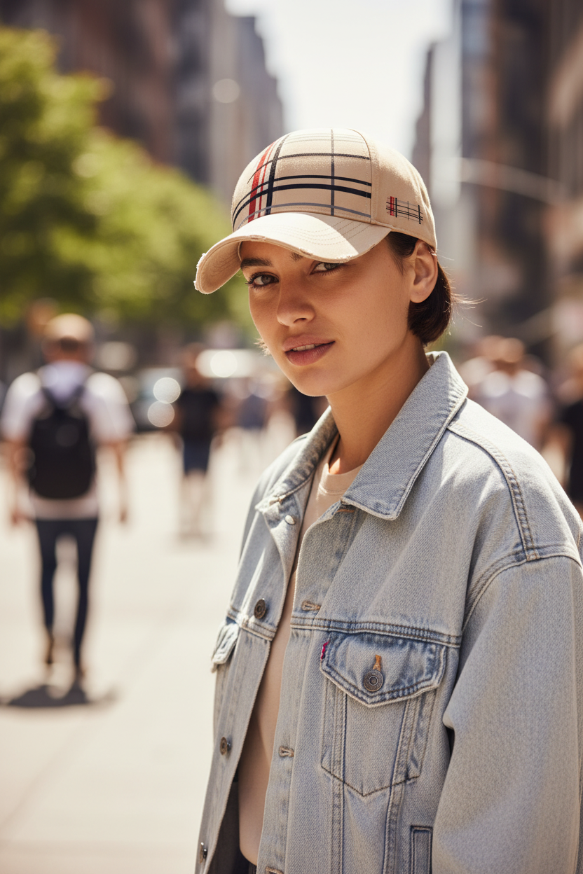Beige cap with plaid pattern on a white background