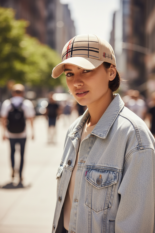Beige cap with plaid pattern on a white background