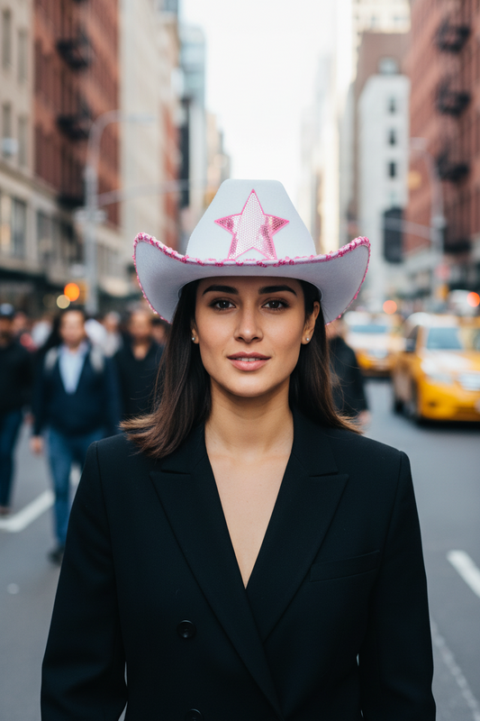 White cowboy hat with pink star and trim on a white background