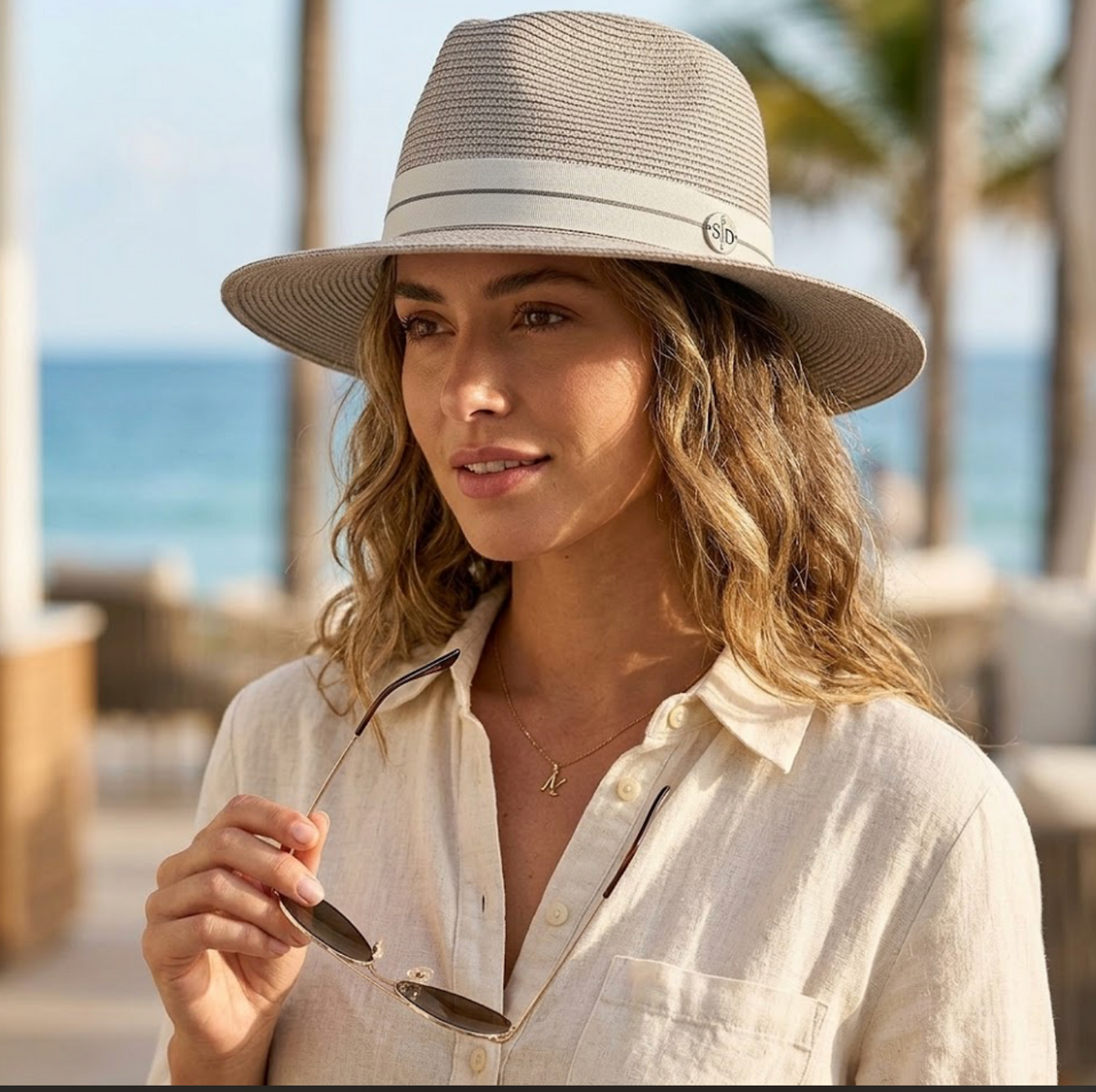 Lowry Wide Brim Straw Fedora Hat, Adjustable